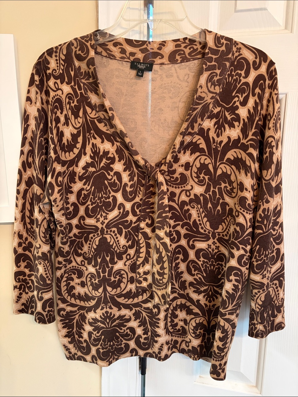 Talbots Brown & Tan V-Neck Damask Knit Pullover